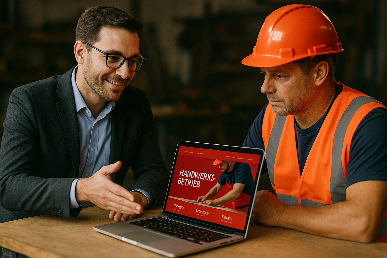 Unternehmensberater berät Handwerker zu seiner Webseite am Laptop in einer Werkstatt; beratende Szene, freundlicher Austausch, klare Komposition.